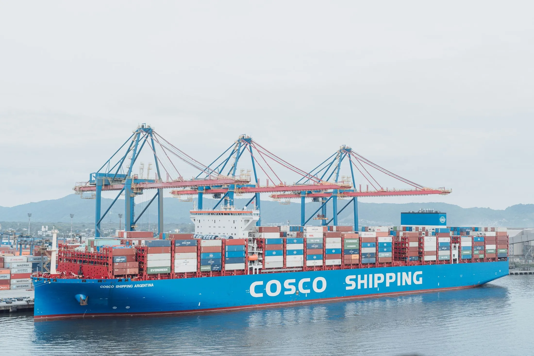 The container ship COSCO SHIPPING Argentina alongside a terminal under gantry cranes